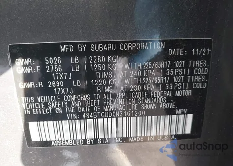 2022 Subaru Outback Wilderness z USA, uszkodzony, nr VIN 4S4BTGUD0N3161200